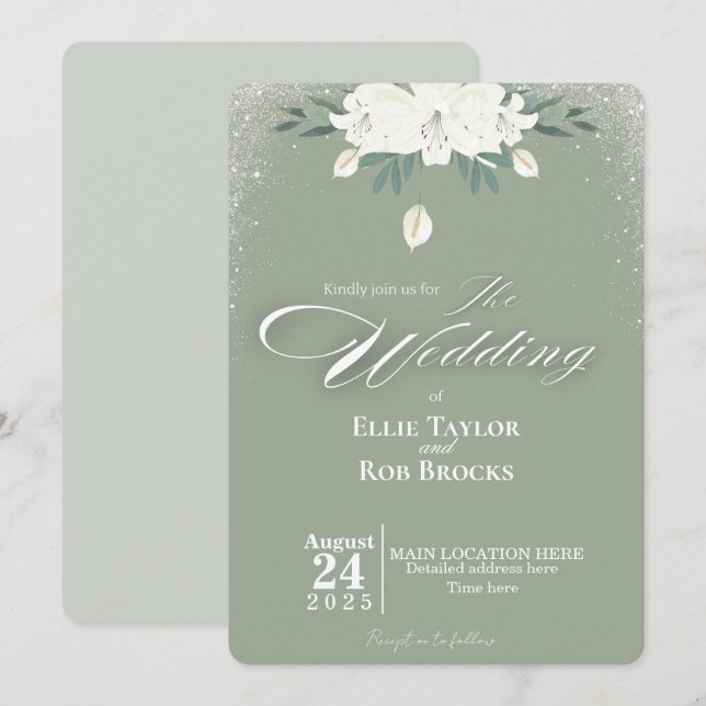 Elegant Sage Green White Floral Wedding Invitation (Front/Back)