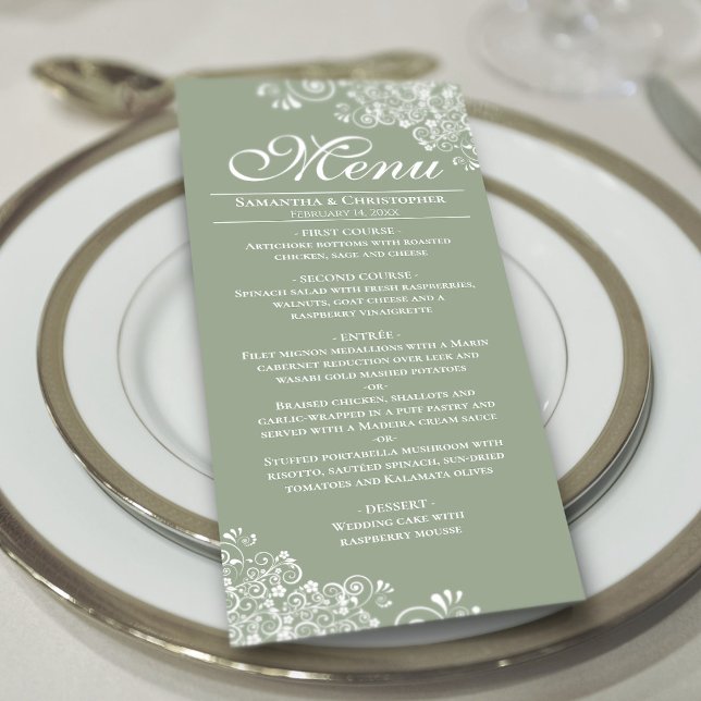 Elegant Sage Green & White Frilly Corners Wedding Menu (On Plate)
