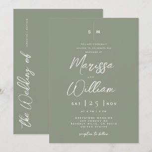 Elegant Sage Green & White Modern Script Wedding  Invitation