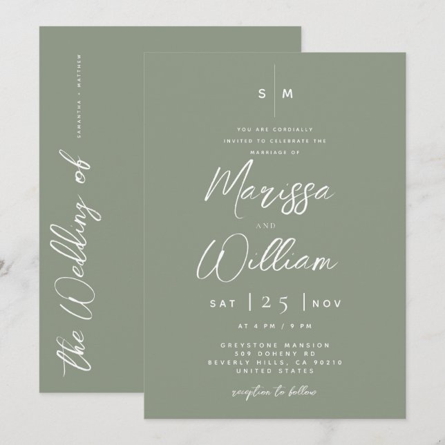 Elegant Sage Green & White Modern Script Wedding  Invitation (Front/Back)