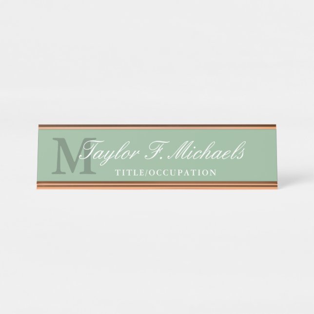 Elegant Sage Green White Monogram & Name Desk Name Plate (Front)