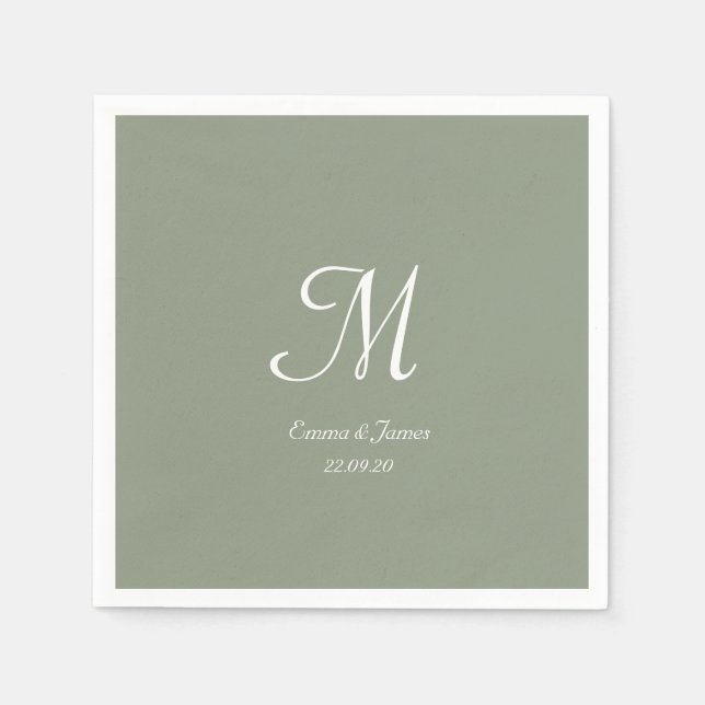 Elegant Sage Green & White Monogram Wedding Party Napkin (Front)