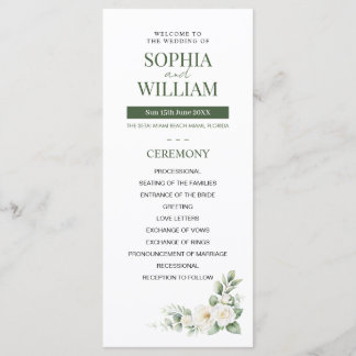 Elegant Sage Green White Rose Floral Wedding Progr Programme