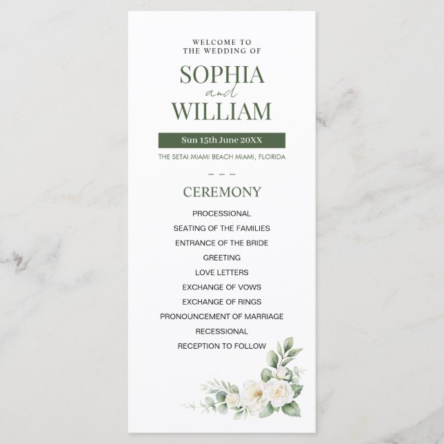 Elegant Sage Green White Rose Floral Wedding Progr Programme (Front)