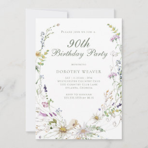 Elegant Sage Green Wildflower 90th Birthday Party Invitation