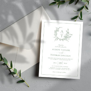 Elegant Sage Green Wildflower Crest Wedding Invitation
