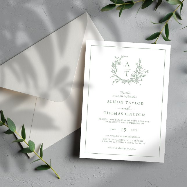 Elegant Sage Green Wildflower Crest Wedding  Invitation (Creator Uploaded)