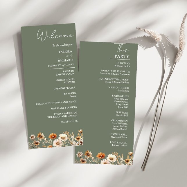 Elegant Sage Green Wildflower Wedding Program Card (Creator Uploaded)