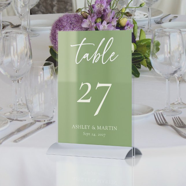 Elegant Sage Green with Ivory Script  Wedding Table Number (Elegant Sage Green with Ivory Script Personalized Wedding Table Number)