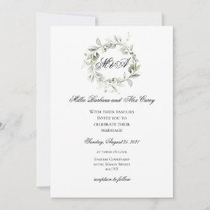Elegant Sage Green Wreath Monogram Wedding Invitation