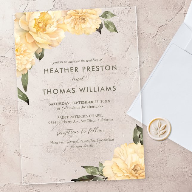 Elegant Sage Green Yellow Floral Wedding Acrylic Invitations (Creator Uploaded)
