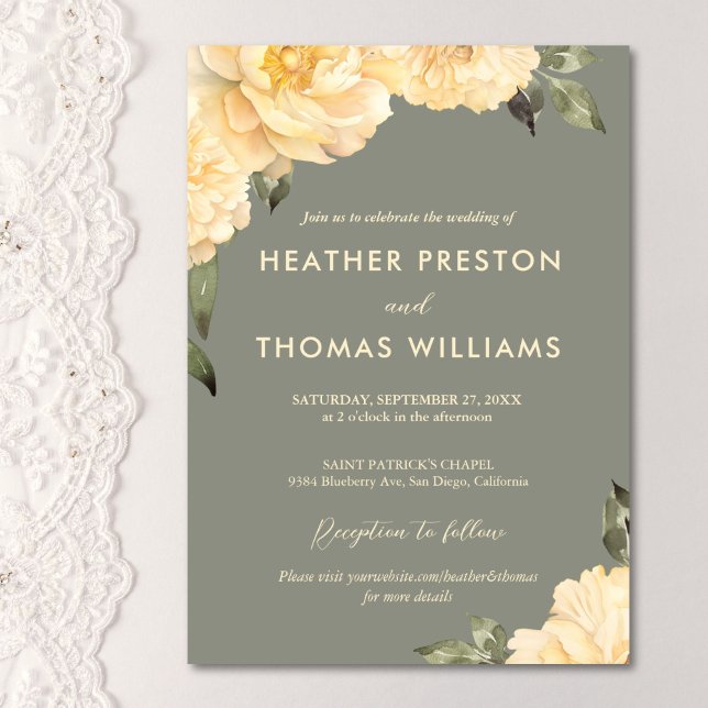 Elegant Sage Green Yellow Floral Wedding Invitation (Creator Uploaded)