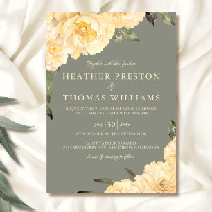 Elegant Sage Green Yellow Peonies Floral Wedding Invitation