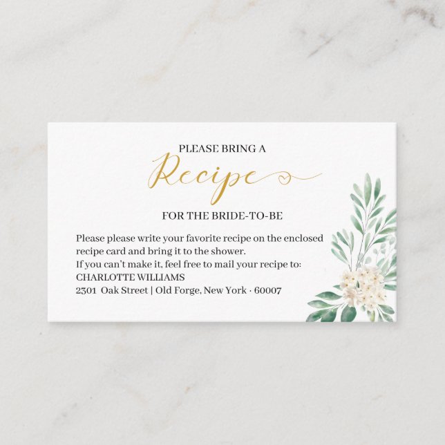 Elegant Sage Greenery Bridal Shower Recipe Request Enclosure Card (Front)