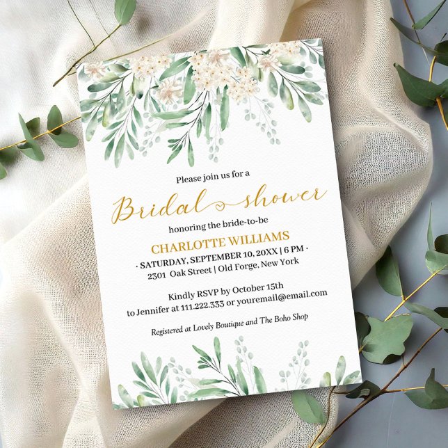 Elegant Sage Greenery Gold Script Bridal Shower Invitation (Creator Uploaded)
