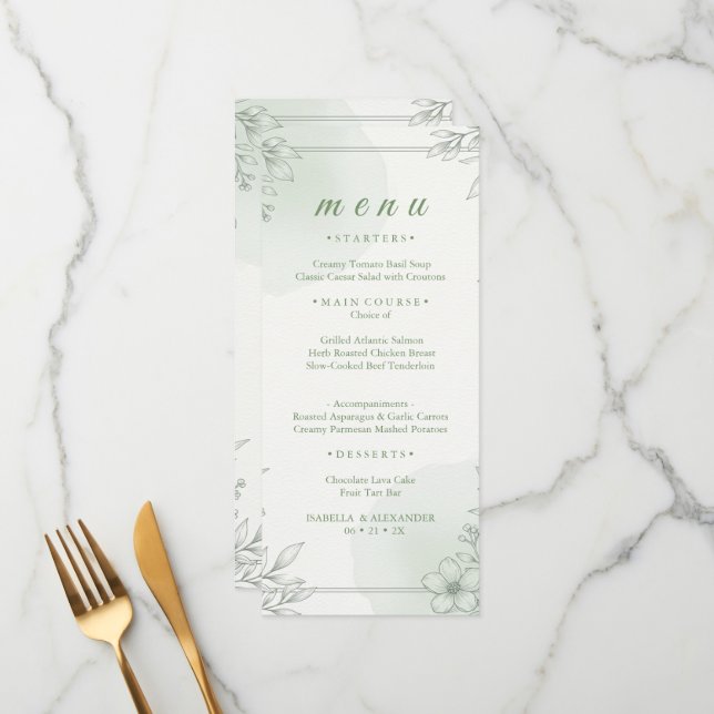 Elegant Sage Greenery Line Art Floral Dinner Menu  (Front/Back In Situ)