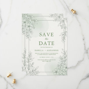 Elegant Sage Greenery Line Art Floral Save the Date