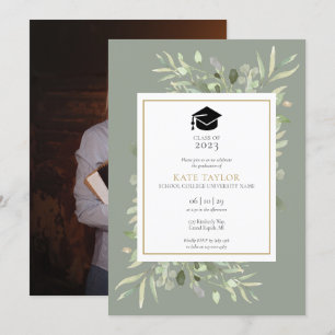Elegant Sage Greenery Photo Graduation Party Invit Invitation