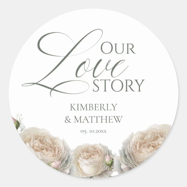 Elegant Sage Greenery Roses Wedding  Classic Round Sticker (Front)