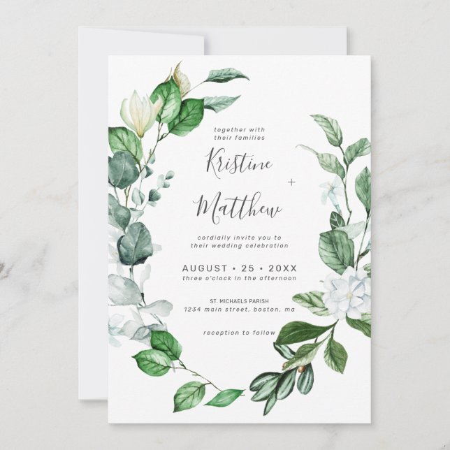Elegant Sage Greenery Wreath White Floral Wedding Invitation (Front)