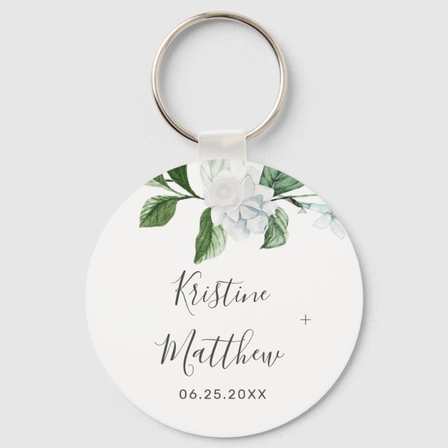 Elegant Sage Greenery Wreath White Floral Wedding Key Ring (Front)