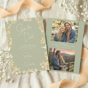 Elegant Sage Ivory Script Wildflowers 2 Photo Save The Date