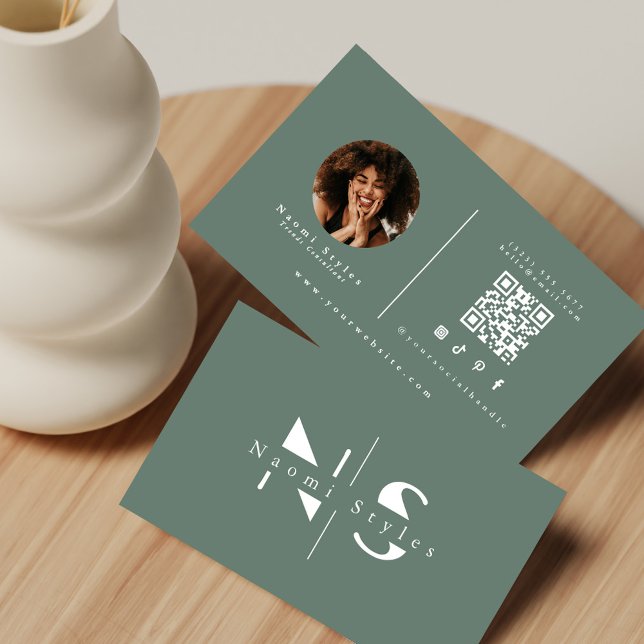 Elegant Sage Minimalist QR Code Professional Photo Business Card (Creator Uploaded)