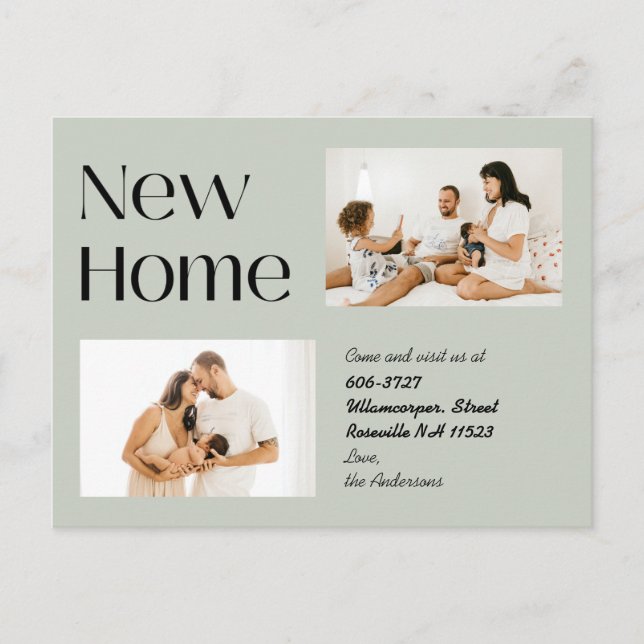 Elegant Sage Minimalist Two Photo New Home Moving Announcement Postcard (Front)