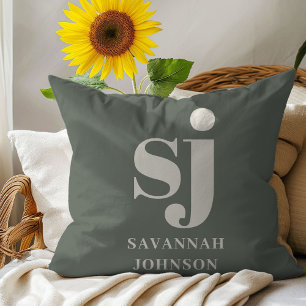 Elegant sage monogram initials cushion