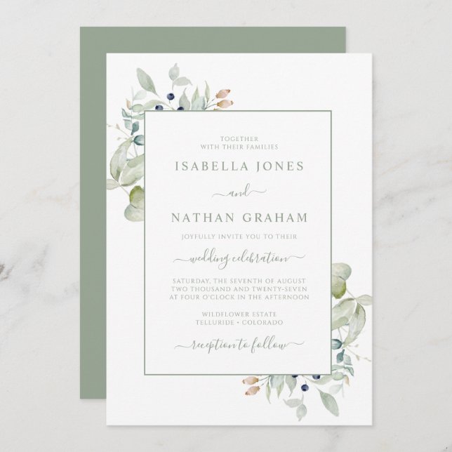 Elegant Sage Navy Watercolor Botanical Wedding Invitation (Front/Back)