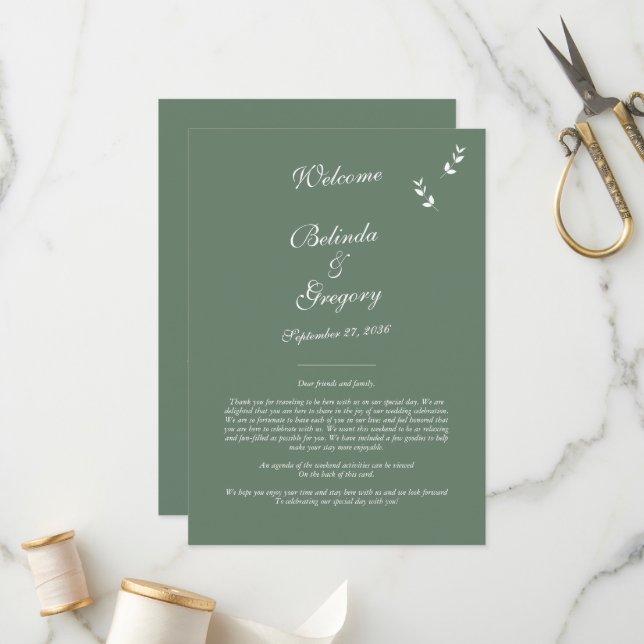 Elegant Sage Olive Green Script Wedding Itinerary Programme (Front/Back In Situ)