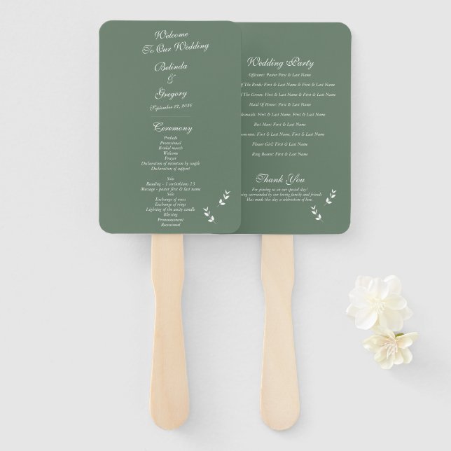Elegant Sage Olive Green Script Wedding Program Hand Fan (Front and Back)