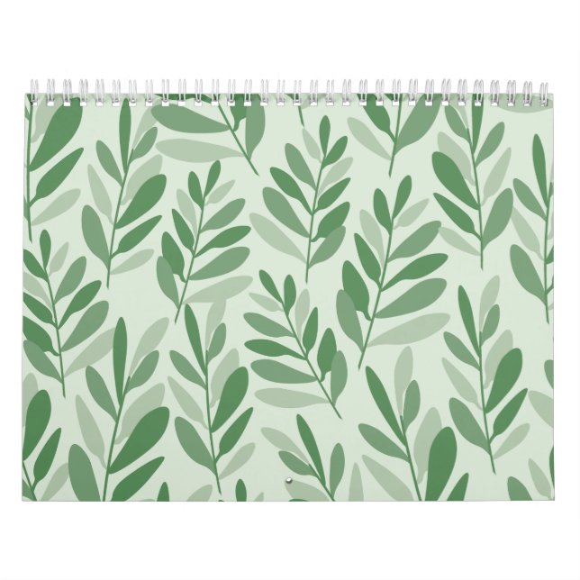 Elegant Sage & Olive Leaf Nature Pattern Calendar (Cover)