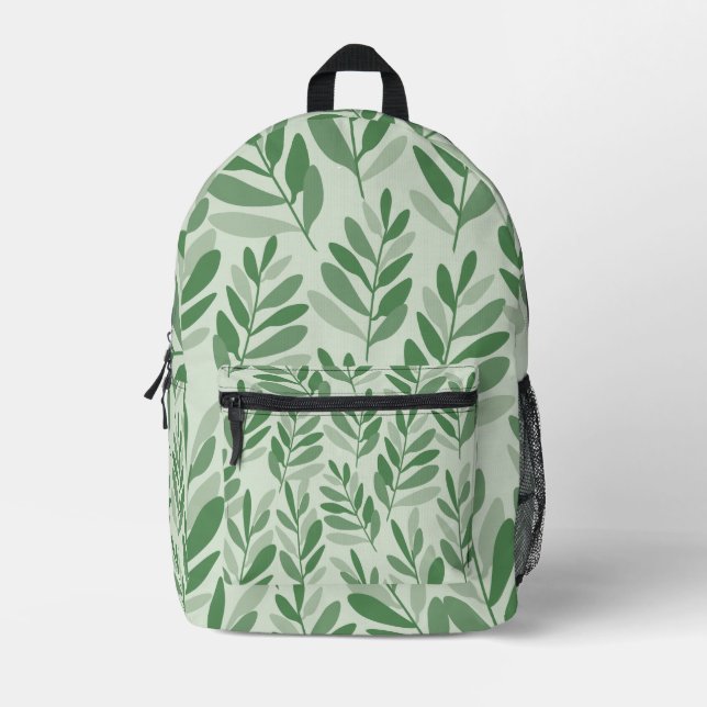 Elegant Sage & Olive Leaf Nature Pattern Printed Backpack (Front)