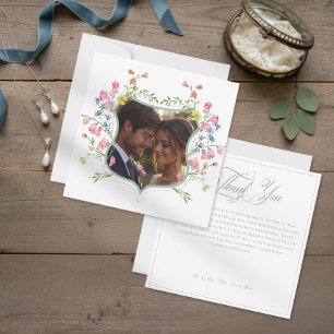 Elegant Sage Pastel Wildflower Crest Photo Wedding Thank You Card