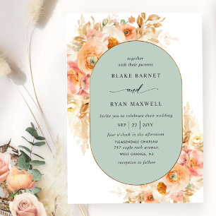 Elegant Sage, Peach Blush and Cream Oval Wedding Invitation