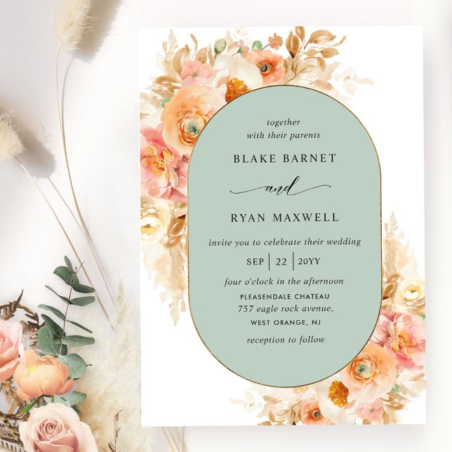 Elegant Sage, Peach Blush and Cream Oval Wedding Invitation (Creator Uploaded)