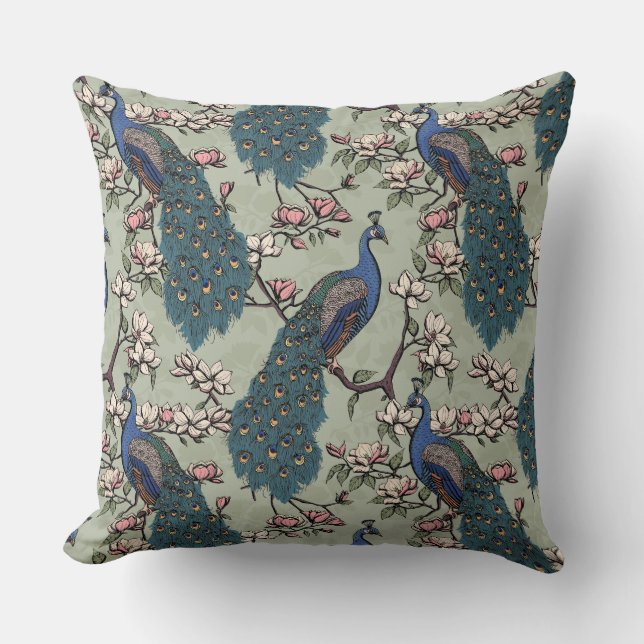 Elegant Sage Peacocks, Magnolia Flowers, Branches Cushion (Front)