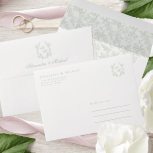 Elegant Sage Toile Floral Crest Monogram Wedding Envelope