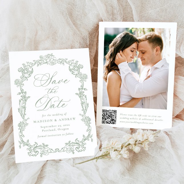 Elegant Sage Victorian Floral QR Code Wedding Save The Date (Creator Uploaded)