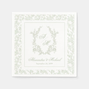 Elegant Sage Vintage Floral Crest Monogram Wedding Napkin