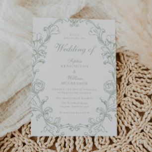 Elegant Sage Vintage Frame Wedding Invitation