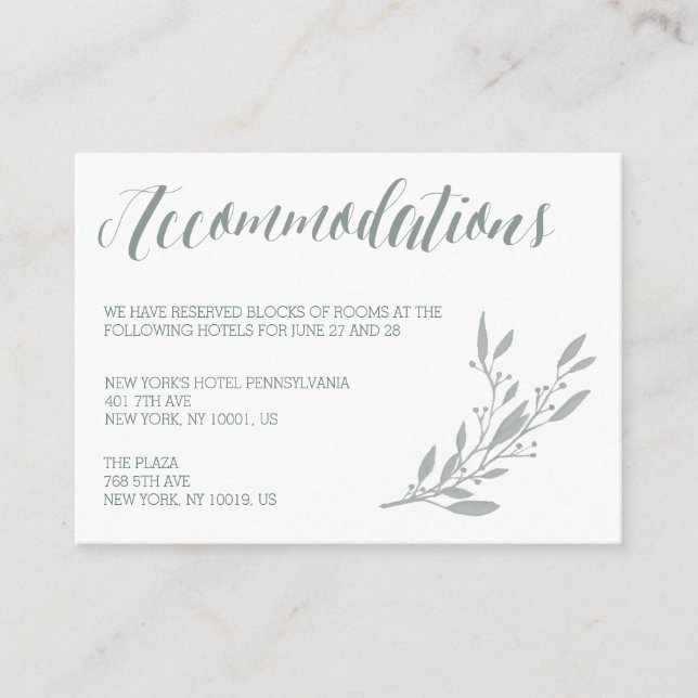 Elegant Sage Wedding Accommodation Cards (Front)