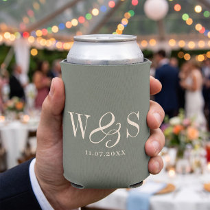 Elegant Sage wedding couples initials Can Cooler