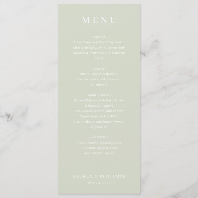 Elegant Sage Wedding Menu (Front)