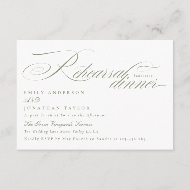 Elegant Sage White Calligraphy Rehearsal Dinner Enclosure Card (Front)