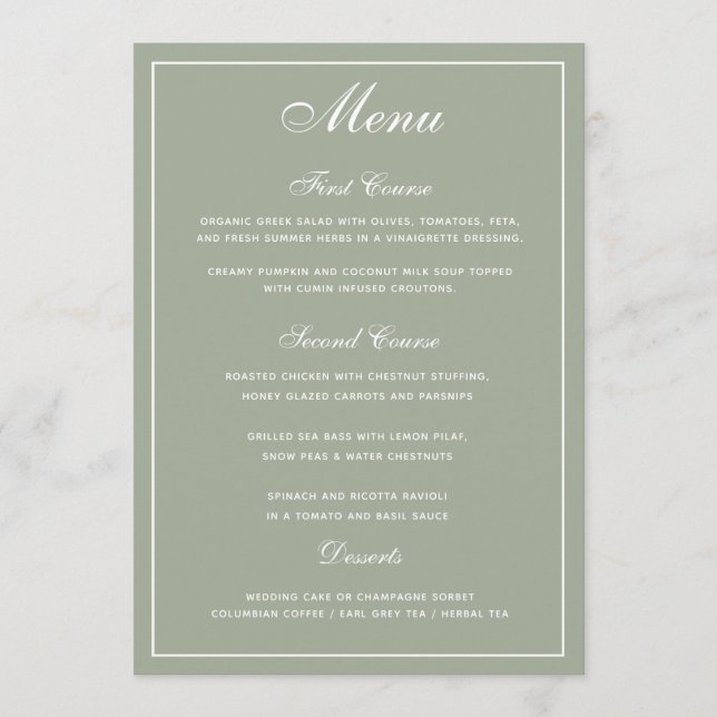 Elegant Sage White Script Wedding Menu (Front)