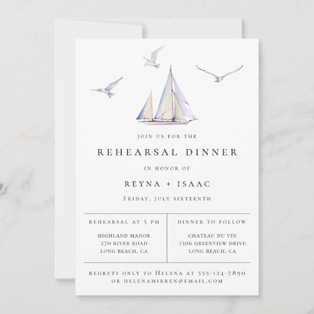 Elegant Sailboat Nautical Rehearsal Dinner Announcement (Front)