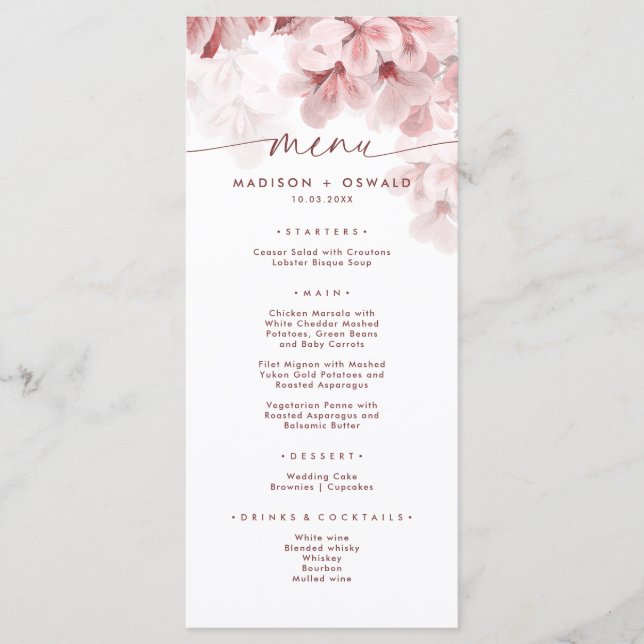 Elegant Sakura Branch modern Spring wedding Menu (Front)