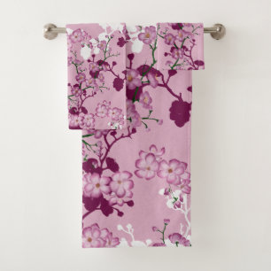 Elegant Sakura Pink Burgundy White Cherry Blossoms Bath Towel Set